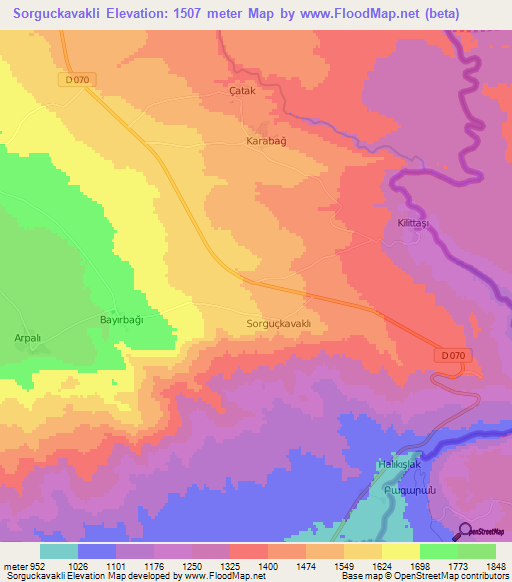 Sorguckavakli,Turkey Elevation Map