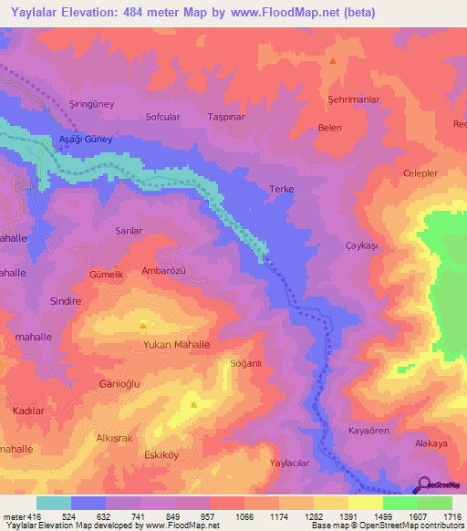 Yaylalar,Turkey Elevation Map