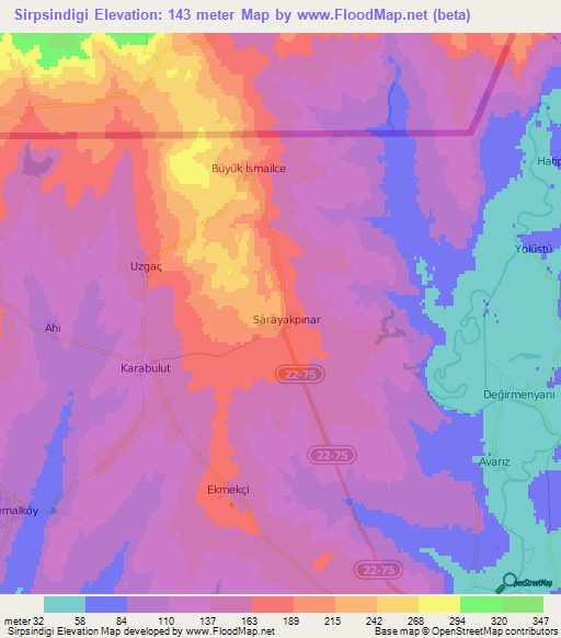 Sirpsindigi,Turkey Elevation Map