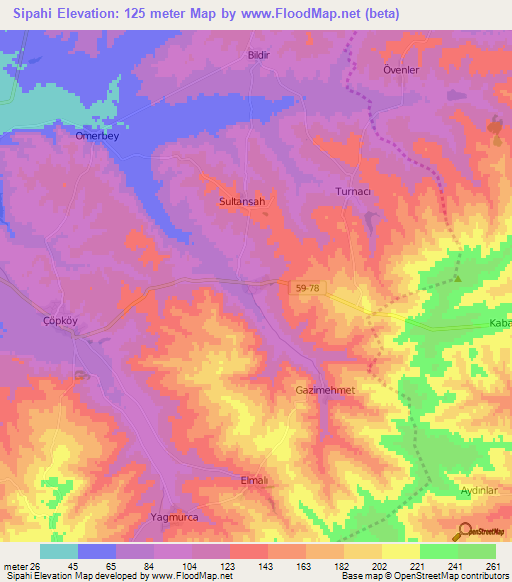 Sipahi,Turkey Elevation Map