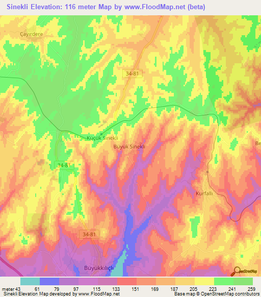 Sinekli,Turkey Elevation Map