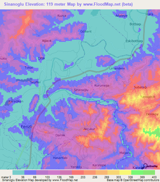 Sinanoglu,Turkey Elevation Map