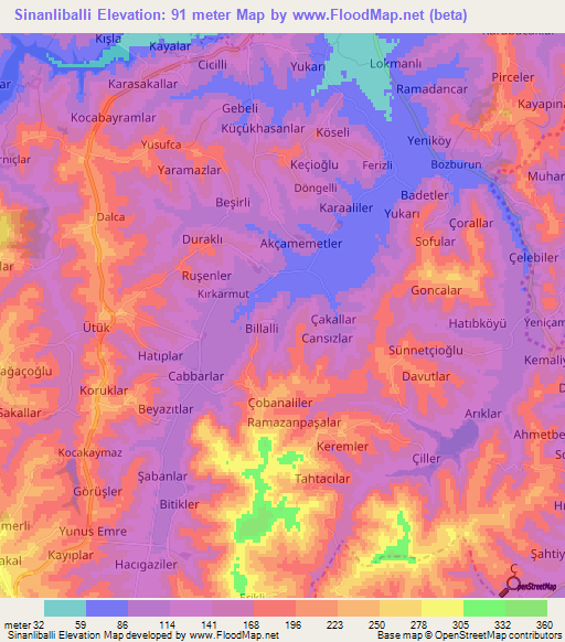 Sinanliballi,Turkey Elevation Map