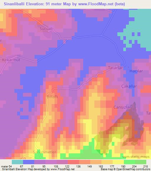 Sinanliballi,Turkey Elevation Map