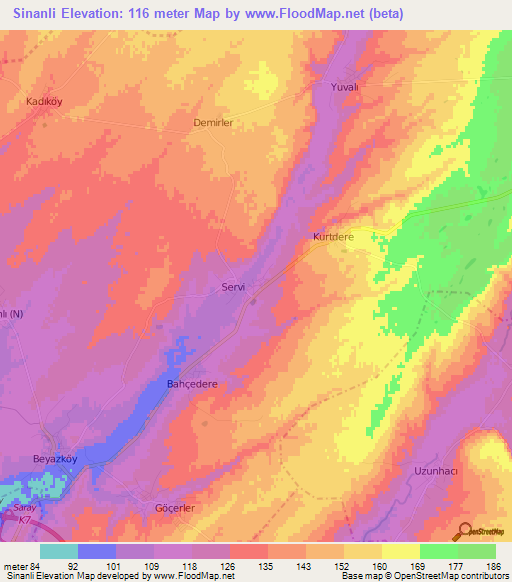 Sinanli,Turkey Elevation Map