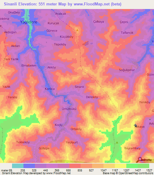 Sinanli,Turkey Elevation Map