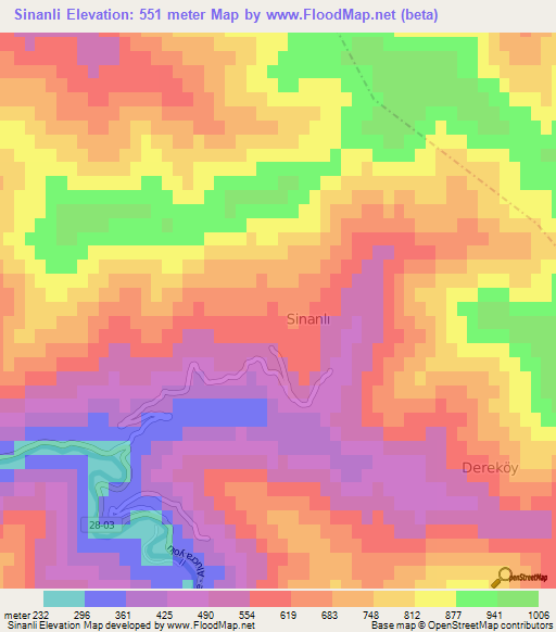 Sinanli,Turkey Elevation Map