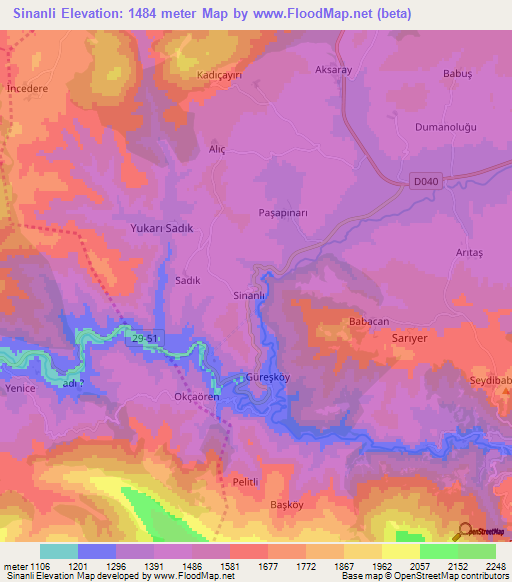 Sinanli,Turkey Elevation Map