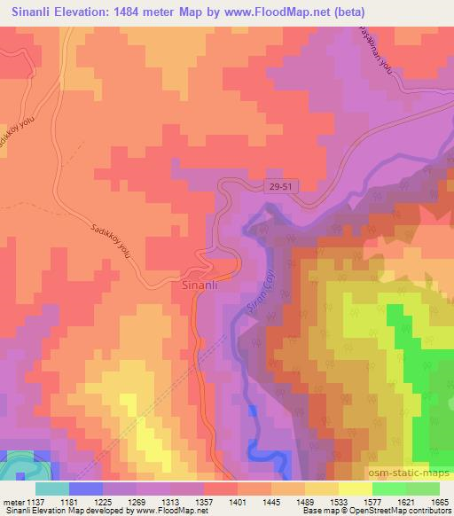 Sinanli,Turkey Elevation Map