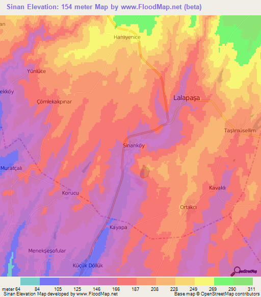 Sinan,Turkey Elevation Map