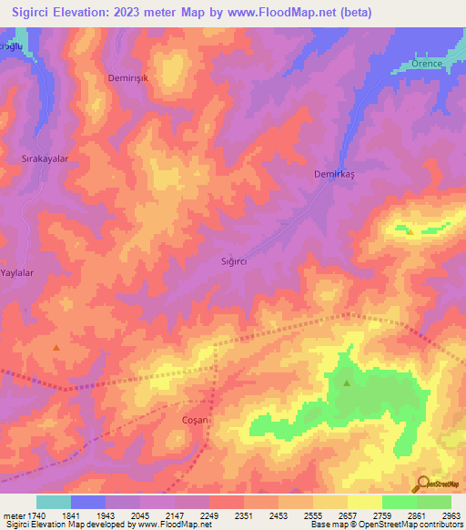 Sigirci,Turkey Elevation Map