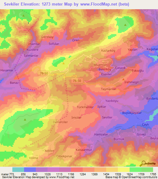 Sevkiler,Turkey Elevation Map