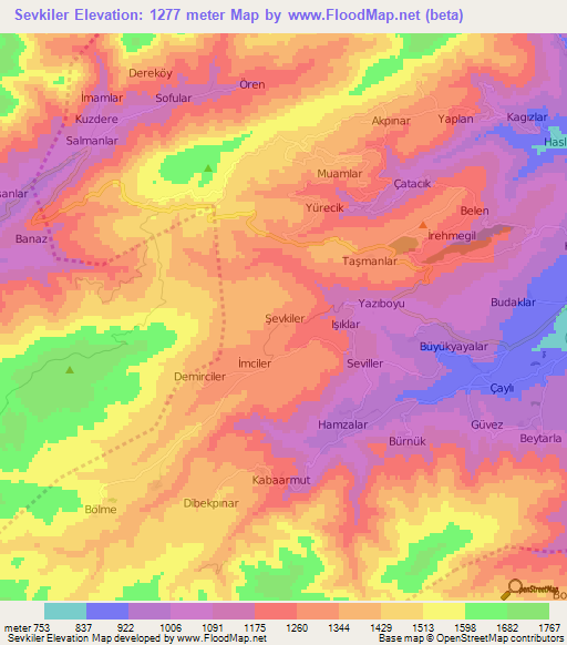 Sevkiler,Turkey Elevation Map