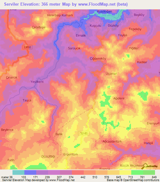 Serviler,Turkey Elevation Map