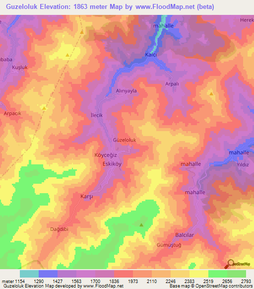 Guzeloluk,Turkey Elevation Map