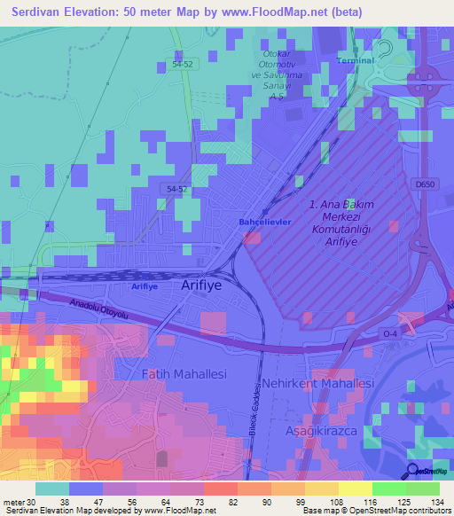 Serdivan,Turkey Elevation Map