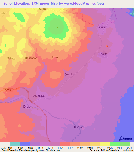 Senol,Turkey Elevation Map