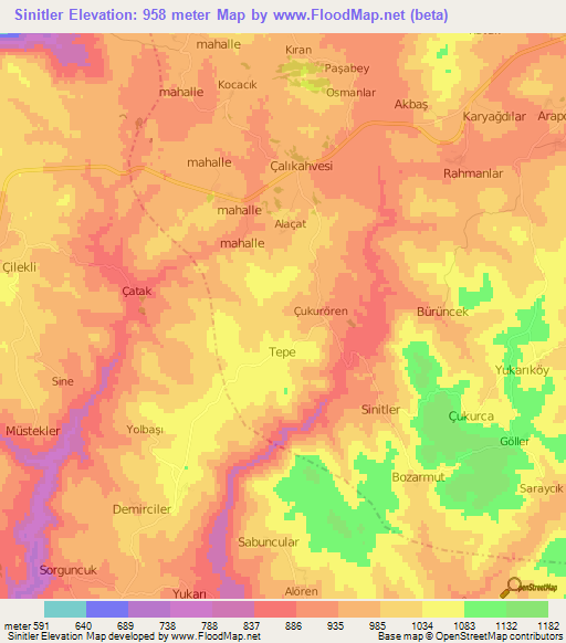 Sinitler,Turkey Elevation Map