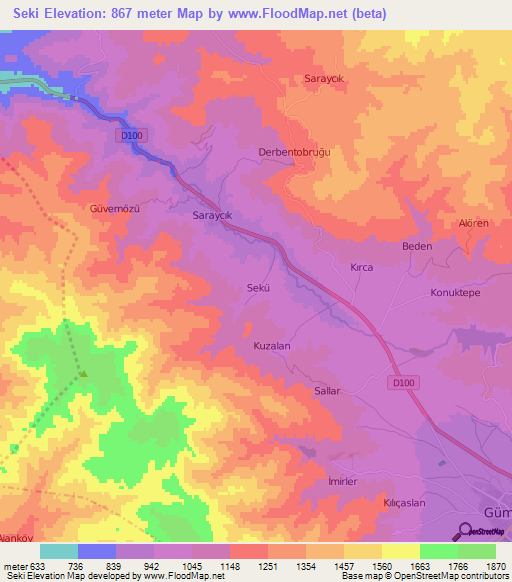 Seki,Turkey Elevation Map