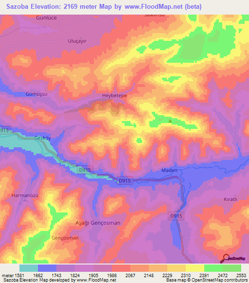 Sazoba,Turkey Elevation Map