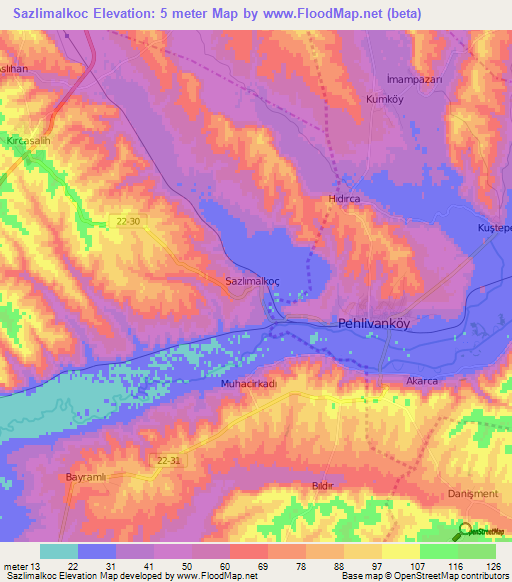 Sazlimalkoc,Turkey Elevation Map