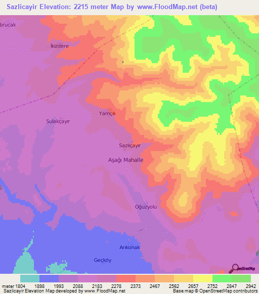 Sazlicayir,Turkey Elevation Map