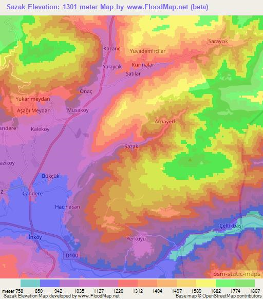 Sazak,Turkey Elevation Map