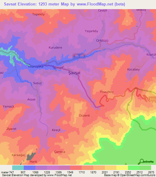 Savsat,Turkey Elevation Map