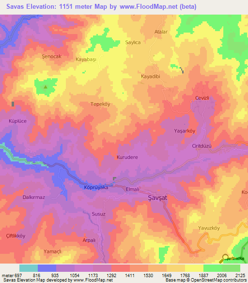 Savas,Turkey Elevation Map