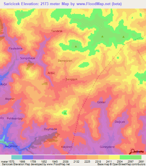 Saricicek,Turkey Elevation Map