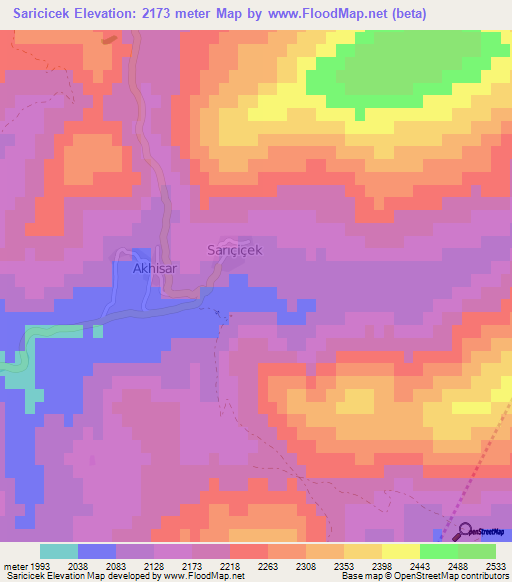 Saricicek,Turkey Elevation Map