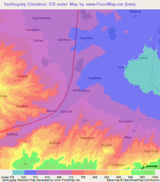 Saribugday,Turkey Elevation Map