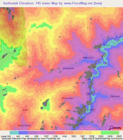 Saribudak,Turkey Elevation Map