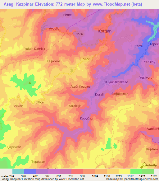 Asagi Kazpinar,Turkey Elevation Map