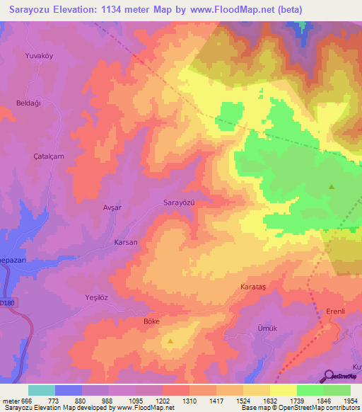 Sarayozu,Turkey Elevation Map