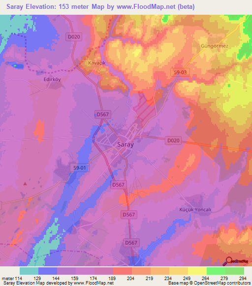 Saray,Turkey Elevation Map