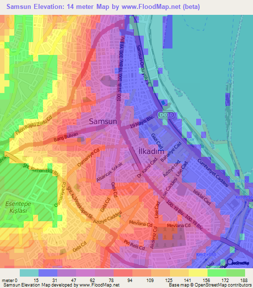 Samsun,Turkey Elevation Map