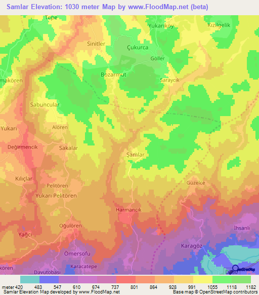 Samlar,Turkey Elevation Map