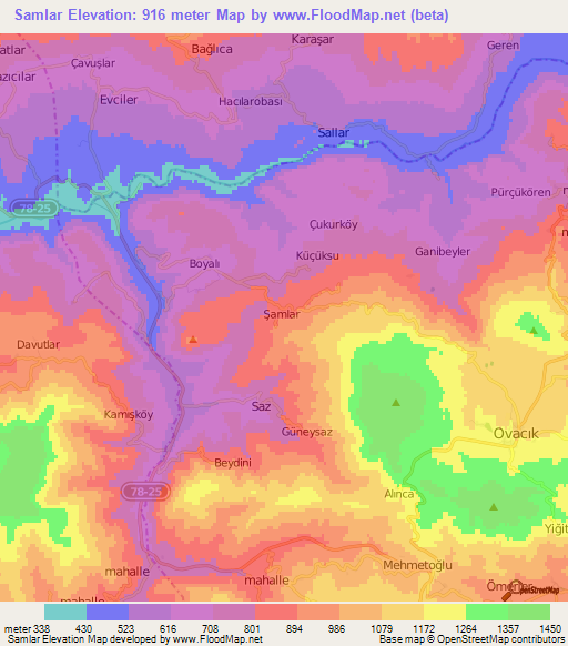 Samlar,Turkey Elevation Map