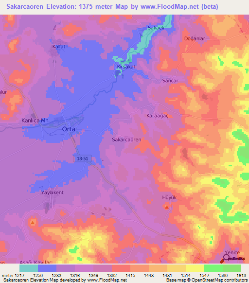 Sakarcaoren,Turkey Elevation Map