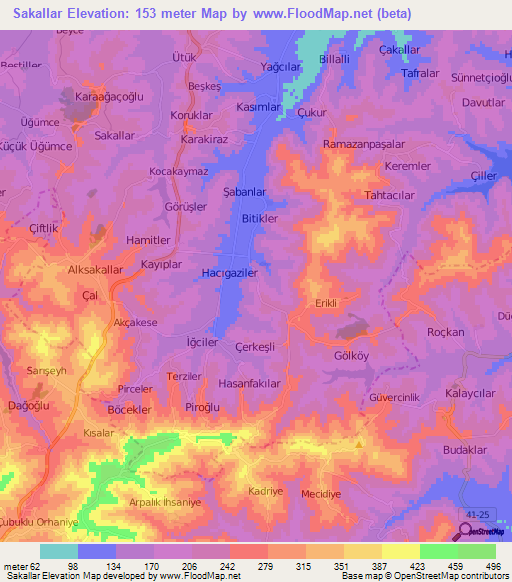 Sakallar,Turkey Elevation Map