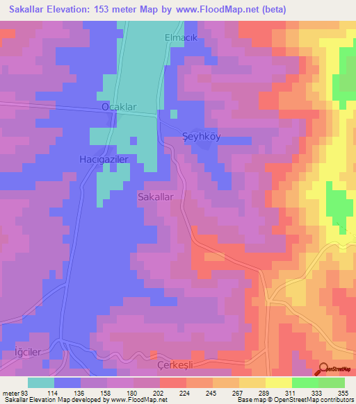 Sakallar,Turkey Elevation Map