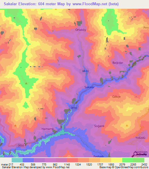 Sakalar,Turkey Elevation Map