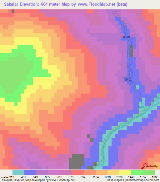 Sakalar,Turkey Elevation Map