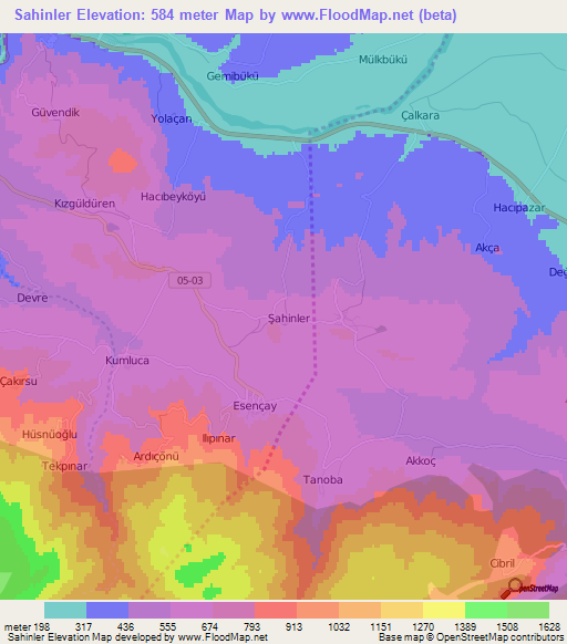 Sahinler,Turkey Elevation Map