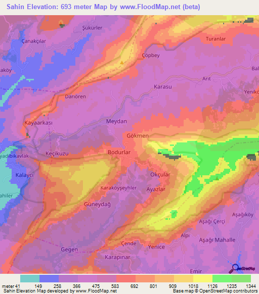 Sahin,Turkey Elevation Map