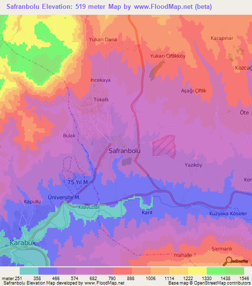 Safranbolu,Turkey Elevation Map