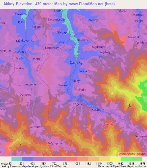 Akkoy,Turkey Elevation Map