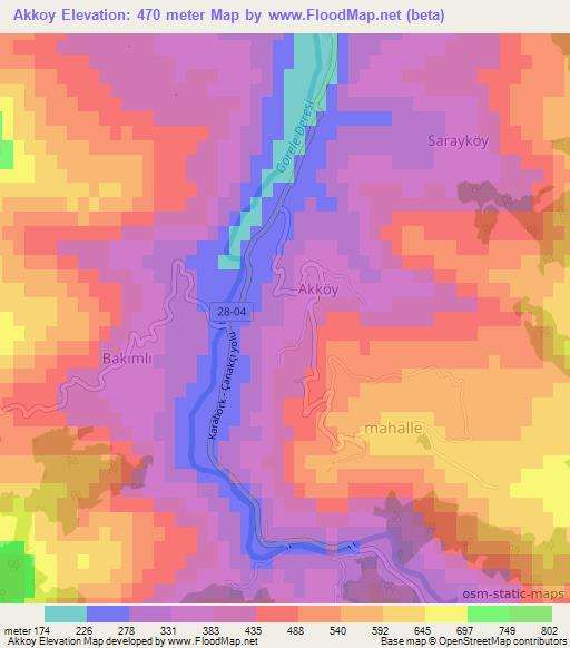 Akkoy,Turkey Elevation Map