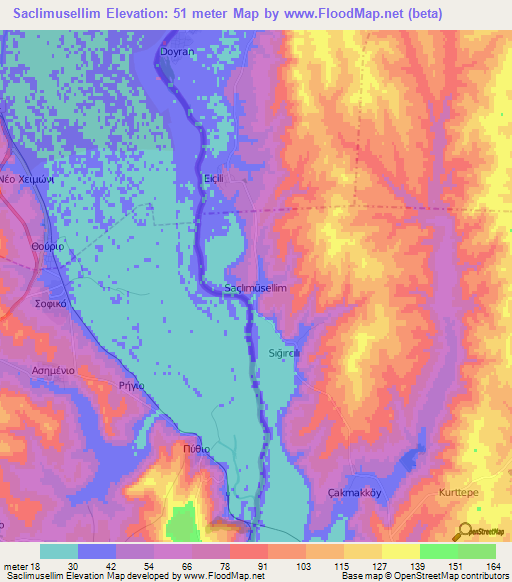 Saclimusellim,Turkey Elevation Map